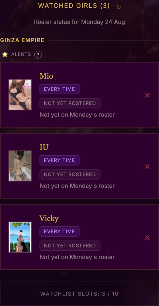 Watchlist showing Mio, IU and Vicky tracked with alerts